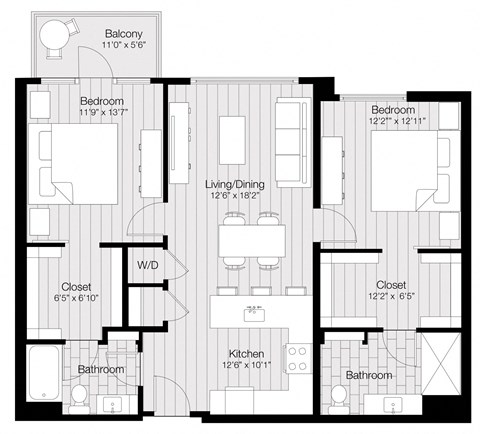 Floor plan for 2 beds, 2 baths, 1125 sqft